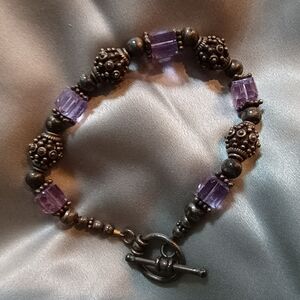 Unique Vtg Artisan Amethyst Swarovski Crystal & Sterling Silver Toggle Bracelet